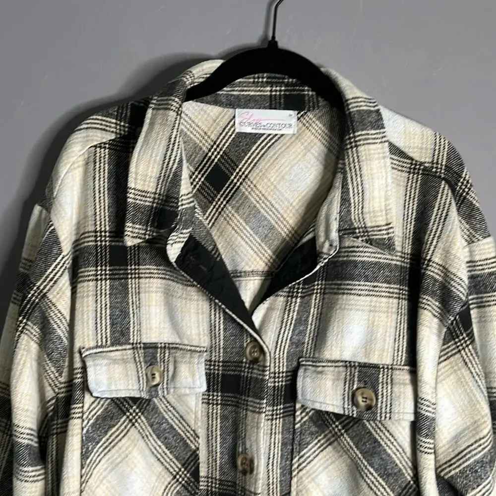 Boutique Black Tan Plaid Button Down Shacket Pockets 2X